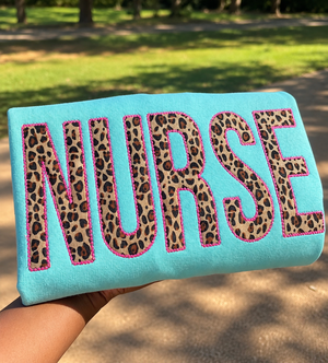 Leopard Appliqué NURSE Sweatshirt – Mint | Size Large