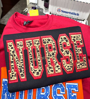 Leopard and Red Glitter NURSE Appliqué Sweatshirt (Large)