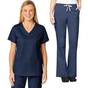 Women's V-Neck Top & Flare Leg Scrub Set, Navy Blue