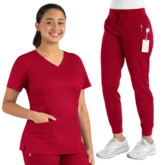 Women's Double N-Neck Top & Yoga Waist Jogger - Red